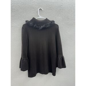 Escapade Womens Sweater Size Medium Brown Faux Fur Collar Long Sleeve 3/4 Sleeve